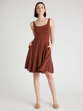 NWT Quince Tencel Jersey Fit and Flare Mini Dress Brown Pockets Soft Tank New